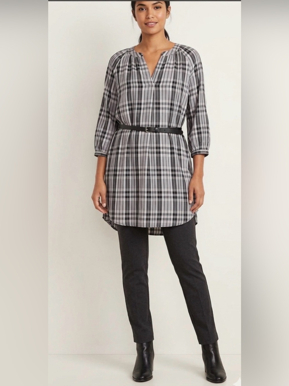LOFT Black Gray Plaid V-Neck Tunic Dress Womens Size Medium 3/4 Sleeve